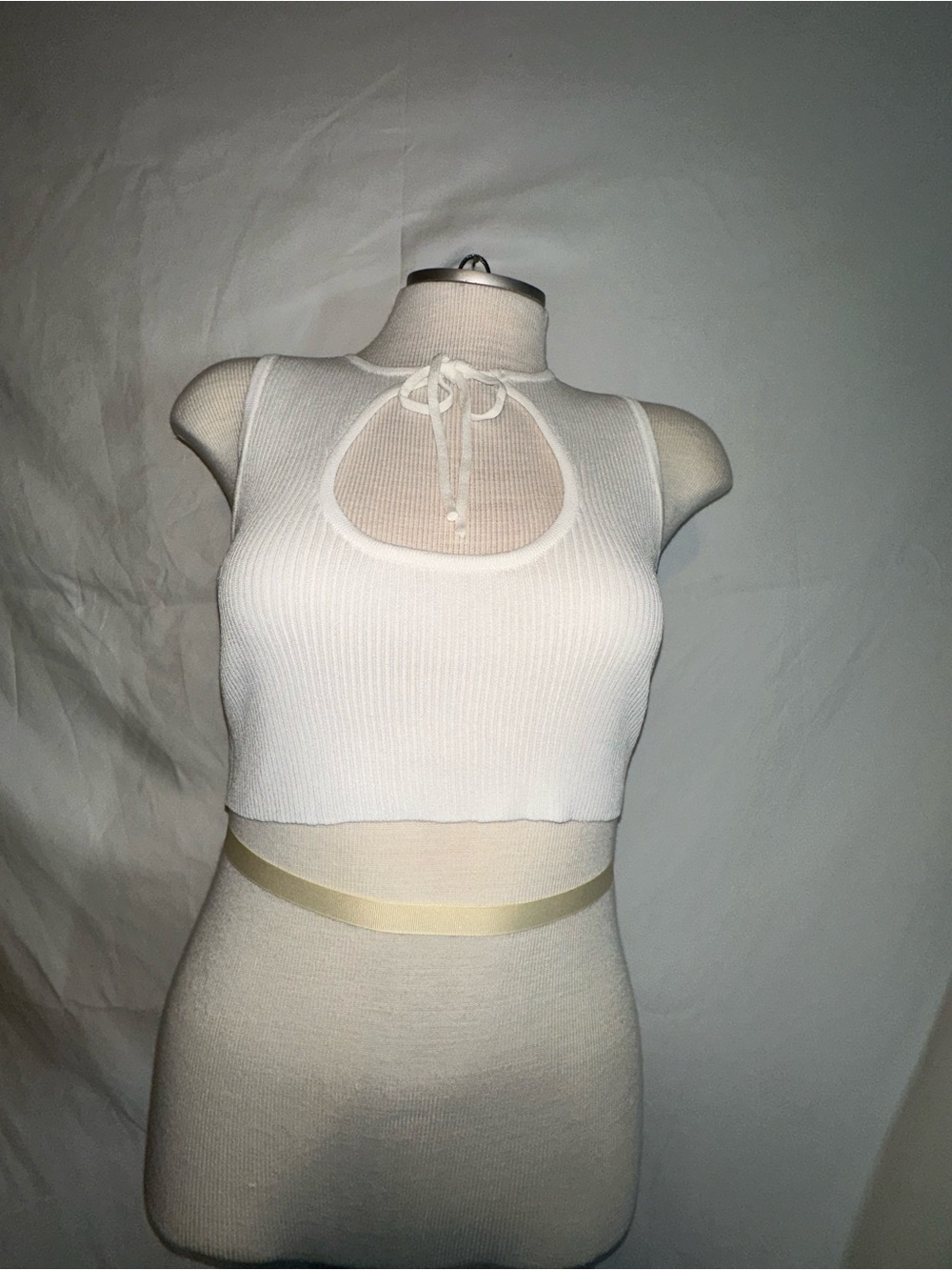 Beginning Boutique White Ribbed Cutout Tie-Neck Crop Top
